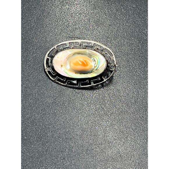 Vintage Sterling Silver Abalone Shell Brooch Pin Antique Greek Key Border - Picture 2 of 10